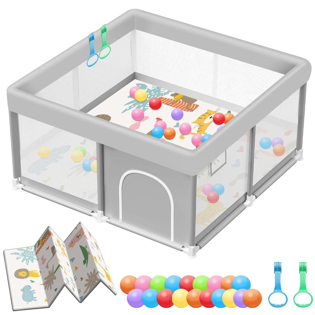 Baby Playpen with Mat 50x50 Inch, Playpen with Colorful Ball for Babies and Toddlers, Baby Play Pen Pin Indoor Play Fence (Mat and Ball Included) (Grey + Mat + Ball)