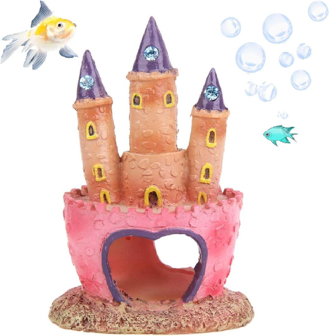 Fish Tank Decorations Pink Castle Aquarium Decorations Resin Fish Cave Hideouts Large Aquarium Decor,Vintage Castle Fish Tank Accessories for Betta Fish Freshwater and Saltwater Fishtanks, Medium