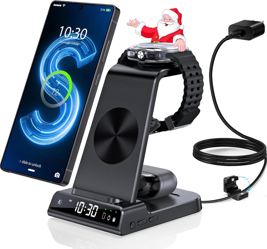 Wireless Charger for Samsung Charging Station with Clock for Samsung Galaxy S25 Ultra/S24 Ultra/Z Flip 7/Z Fold6/Bud, 3 in 1 Android Charging Station, Watch Charger for Samsung Galaxy Watch 8/7/6/5Pro (Black)