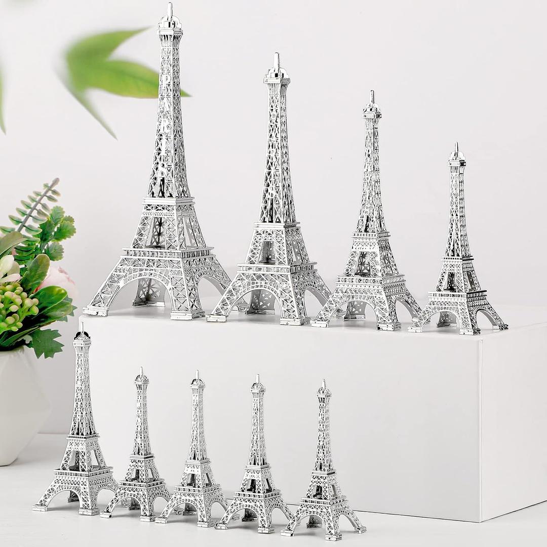 Hotop 9 Pcs Eiffel Tower Statue Decor Alloy Metal Paris Py Decoration 5 Size French Table Stand Holder Gift for Cake Topper Collectible Figurine Replica Home (Silver)