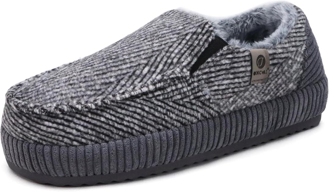 ONCAI Mens Slippers Cotton-Blend Moccasins Warm Closed Back Corduroy House Slippers with High-Density Felt Fuzzy Indoor Outdoor Comfortale Yoga Mat Rubber Soles US Size 7-15 (Gray, S)