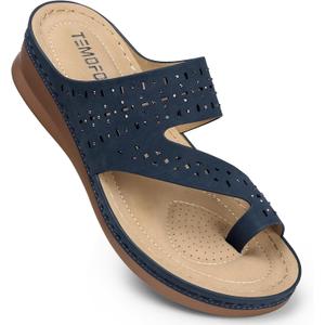 TEMOFON Women Summer Flip Flops Comfortable Wedge Sandals - Dressy Casual Slip on Sandals - Navy Blue Orthopedic Walking Sandals Size 5