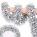 50 FT Christmas Tinsel Garland Christmas Decorations with Snowman Ornament, Silver Shiny Metallic Twist Christmas Garland for Xmas Tree Home Mantle Stairs Indoor Outdoor Holiday Party Decor