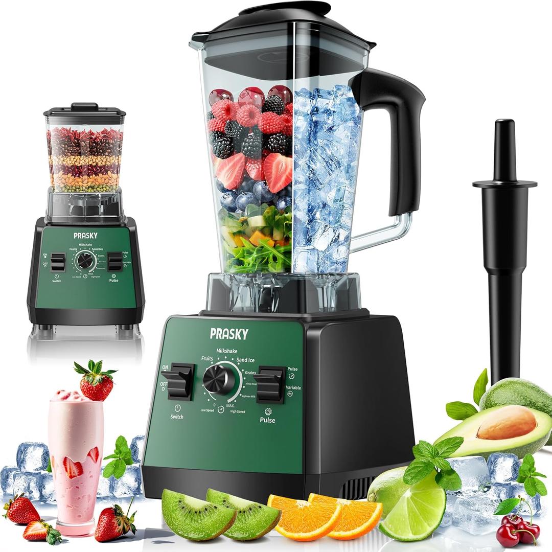 Professional Blender, Smoothies Blender, PRASKY Blender and Grinder Combo 25000RPM Powerful Blenders Kitchen 68oz BPA Free 2 Containers Countertop Blenders Ice, Grinding, Juice, Shake-Green