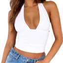 ForeFair Women's Sexy Halter Neck Backless Tank Top Deep V Neck Sleeveless Open Back Y2K Slim Fit Summer Crop Tops (White, S)