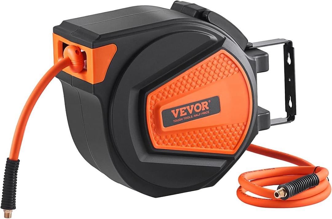 VEVOR Retractable Air Hose Reel, 3/8IN x 50FT Hybrid Air Hose Max 300PSI, Air Compressor Hose Reel with 5 ft Lead in, Ceiling/Wall Mount Enclosed Air Reel, 180 Swivel Mount