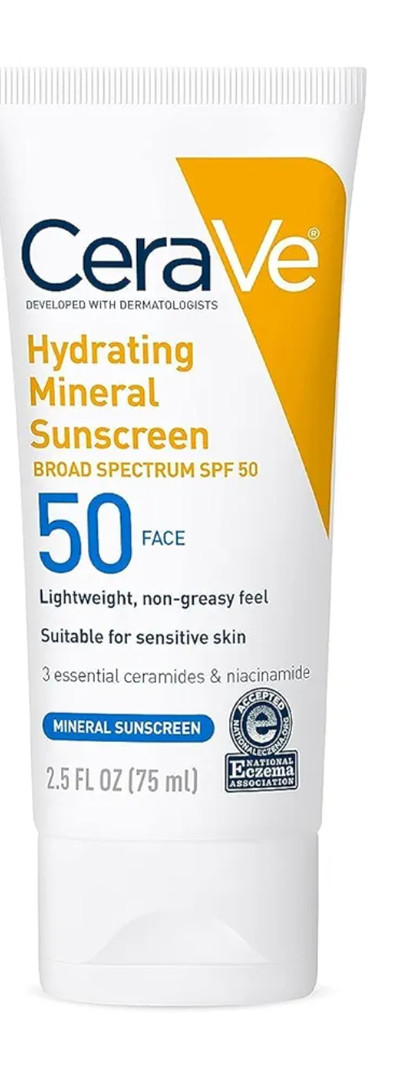 CeraVe 100% Mineral Sunscreen SPF 50, Face sunscreen With Zinc Oxide & Titanium Dioxide, Hyaluronic Acid + Niacinamide + Ceramides, Oil Free, Travel Size 2.5 oz
