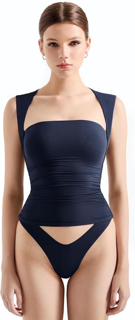 SUUKSESS Womens Square Neck Going Out Tank Tops Double Lined Summer Sleeveless Business Casual Shirt (X-Small, Navy)