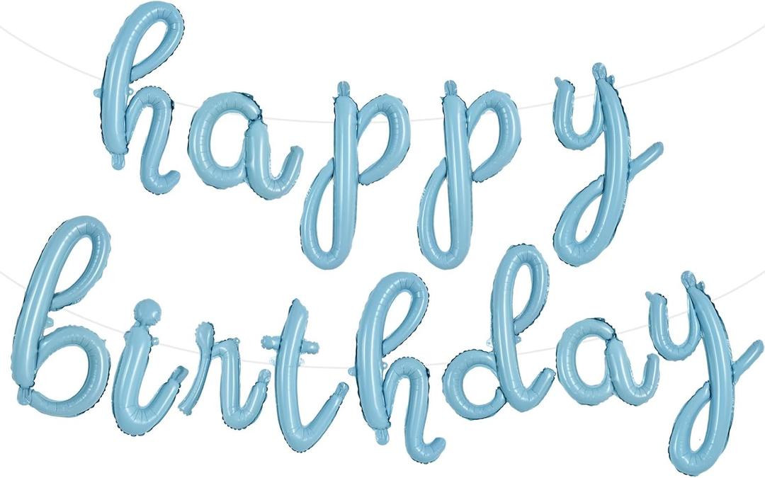TONIFUL Happy Birthday Banner, Cursive Balloons, Light Blue Mylar Foil Birthday Decorations for Kids and Adults