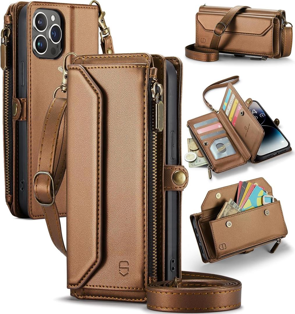 Wallet Case Compatible with iPhone 14 Pro Max RFID Blocking 10-Card Holder Soft PU Leather Magnetic Snap Shoulder Strap Zipper Pocket Phone Case Fit for iPhone 14 Pro Max - Brown