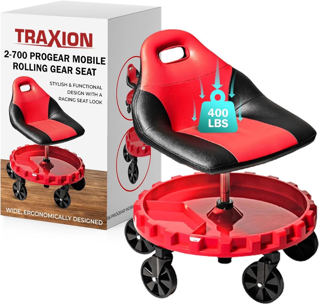 Traxion 2-700 ProGear Mobile Rolling Gear Seat W/Equipment Tray and Five All-Terrain 5" Casters (Red)