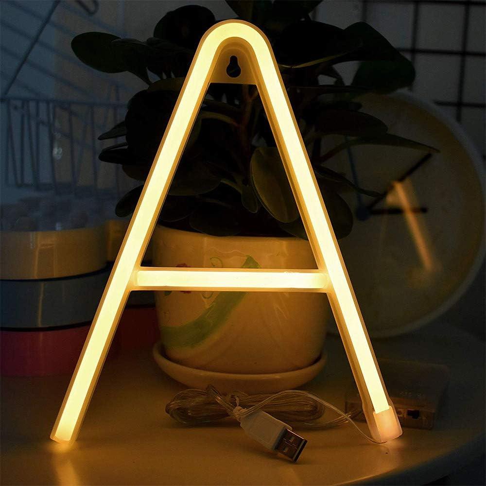 ENUOLI Warm White Neon Letter Sign Night Lights Battery or USB Operated LED Alphabet Neon Art Lights Wall Decor Light up Words for Wedding Birthday Party Christmas Home Bar Decoration (A)