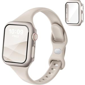 Thin Slim Band and Case Compatible for Apple Watch Bands Women Men 40mm 44mm 42mm 46mm 41mm 45mm, Silicone Sport Strap Cover and Screen Protector for iWatch Series 11/10/9/8/7/6/5/4/SE 3 (Starlight)
