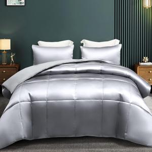 Whale Flotilla 3-Piece Reversible Silky Soft Queen Comforter Bedding Set, Luxurious Satin Comforters Full Size with 2 Satin Pillowcases, Lightweight Duvet for All Seasons, Grey