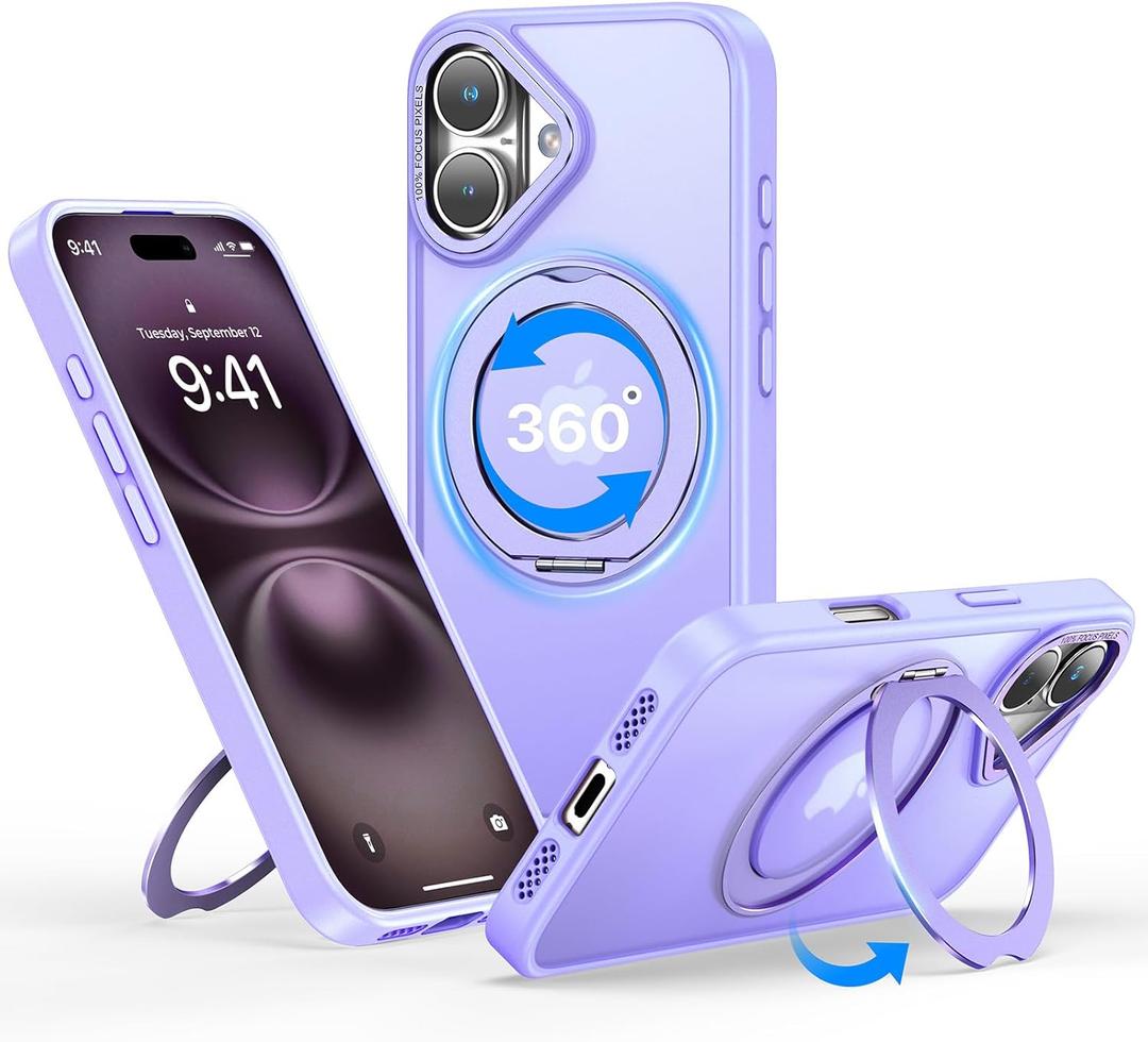 QTlier for iPhone 16 Case, 360 Rotatable Ring Stand, Raised Camera Frame, Shockproof Case Compatible with MagSafe, Case for iPhone 16, Translucent Lilac