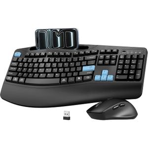 Wireless Keyboard and Mouse Combo, 2.4G Full Size Wave Keys Ergonomic Keyboard with Wrist Rest, Phone Holder, 3-Level DPI Wireless Silent Mouse with 6-Buttons, for Windows, Mac OS, Laptop (Blue Black)