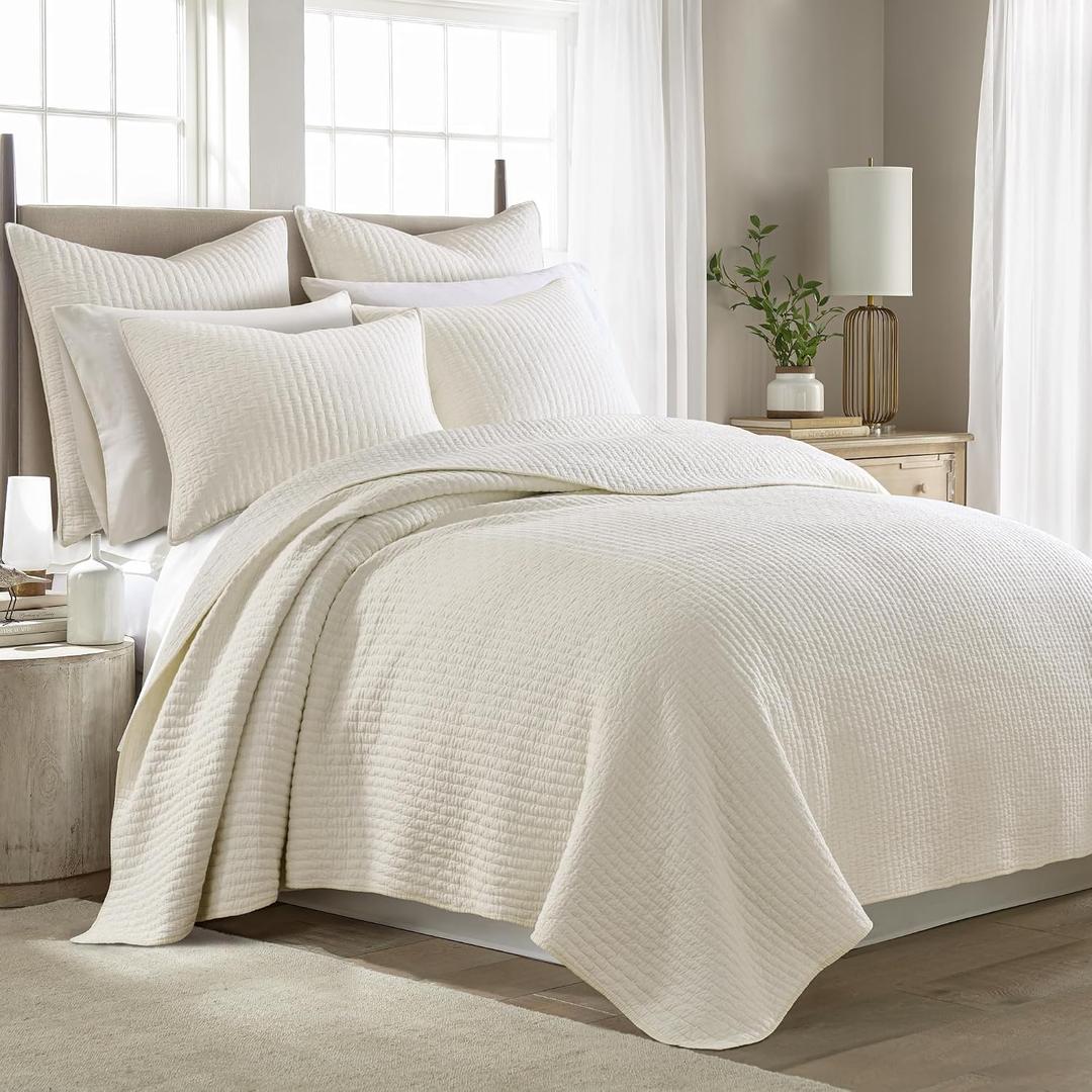 Levtex Home Cross Stitch Reversible Full/Queen Quilt Set (88x92in) with 2 Pillow Shams (26x20in) - Stitch Texture - Cream - Cotton Full/Queen Size Quilt Bedding Set - Lightweight, Soft, Pre-Washed