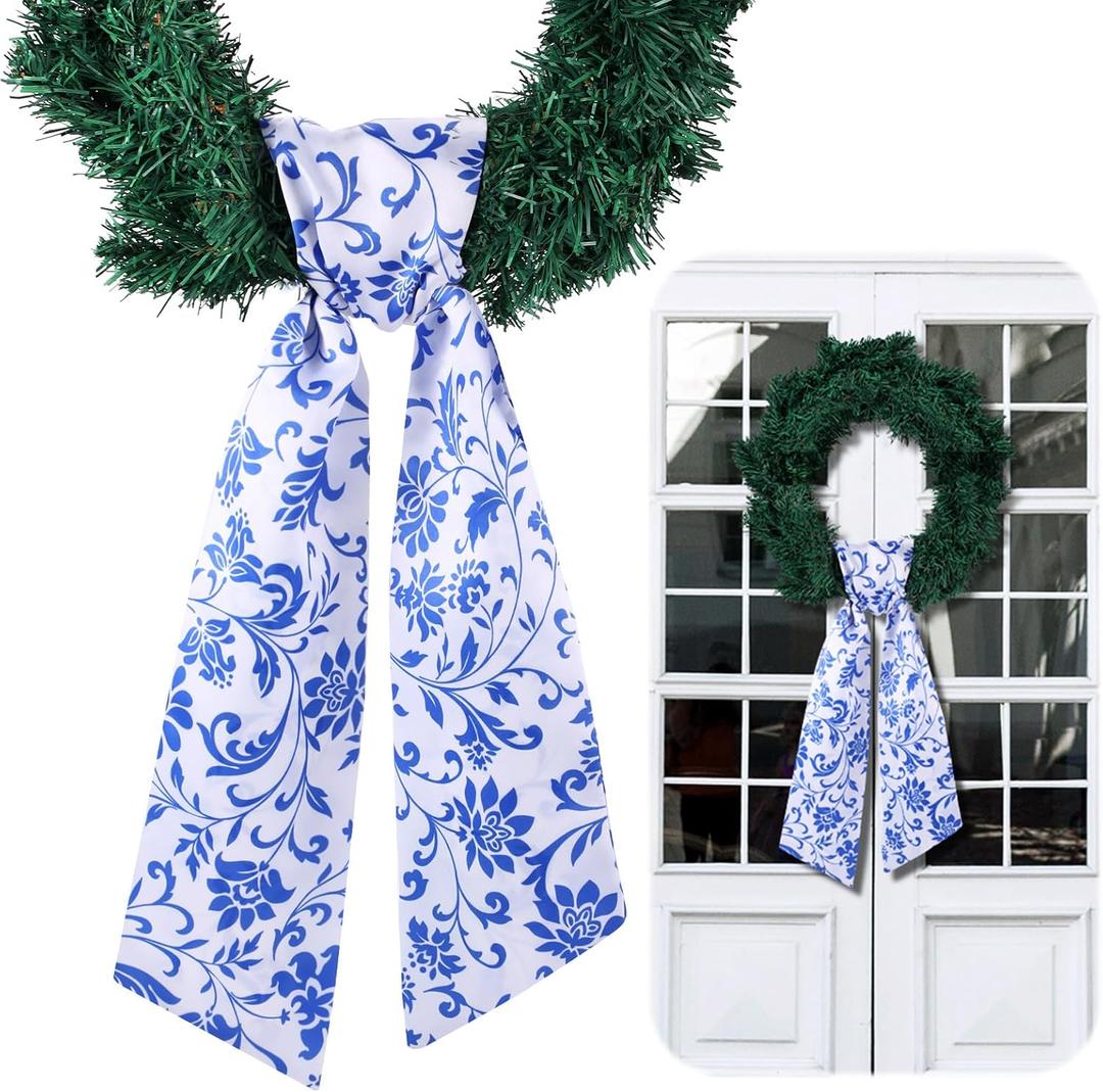 VitalCozy Wreath Sash for Front Door Wreath Satin Sash for Embroidery Monogram Garland Ribbon Accessories Xmas Party Yard Doorway Indoor Outdoor Wall(Chinoiserie)