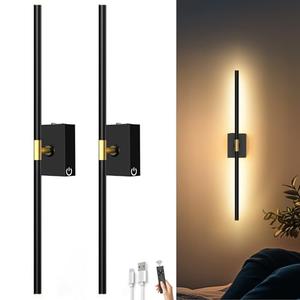 iThird Battery Operated Wall Sconces Set of 2: 10000mAh Rechargeable Wall Lights with Remote Control, 360° Rotate Wireless Wall Scone Decor for TV/Mirror Bedroom Living Room, 31.5 Inch, Black