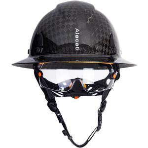 Carbon Fiber Hard Hat Full Brim with Goggles- Safety Helmet with 6-Point Adjustable Ratchet Suspension- ANSI Z89.1 Compliant (Plaid Fiber)