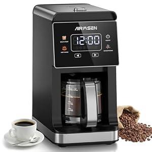AIRMSEN Grind & Brew Coffee Maker with Built-in Grinder, Programmable Single Serve Coffee Maker - 5 Cup-800ML, 3 Grind Settings, Auto Keep Warm & Glass Carafe for Small Home and Office