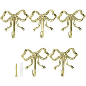 5Pcs Bow Wall Hooks - MfhdgXAvs Gold Decorative Coat/Towel Hooks for Bathroom, Bowknot Hangers with Screws, Alloy Cute Shower Curtain & Robe Hook, Heavy Duty Home Decor (Gold)