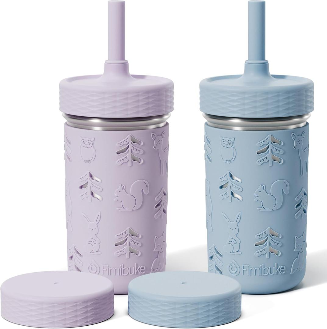 Fimibuke Toddler Cups Spill Proof, 12 OZ Sippy Cups for Kid Girl Boy, Stainless Steel Tumbler with Lid, Removable Silicone Straw & Sleeve, BPA Free Dishwasher Safe Water Bottle Snack Container 2 Pack