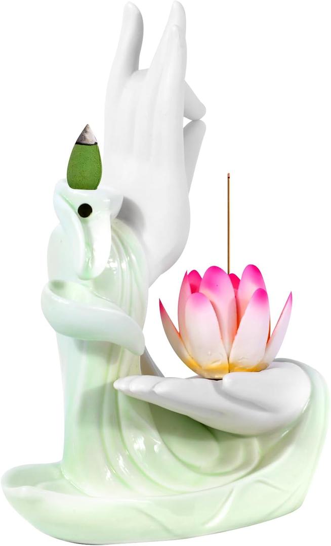 Backflow Incense Holder Buddhist CultureWaterfall Incense Burner Buddha's Hand and Colorful Lotus PatternAromatherapy Ornament Home Dcor Nice Gift for Friends Families