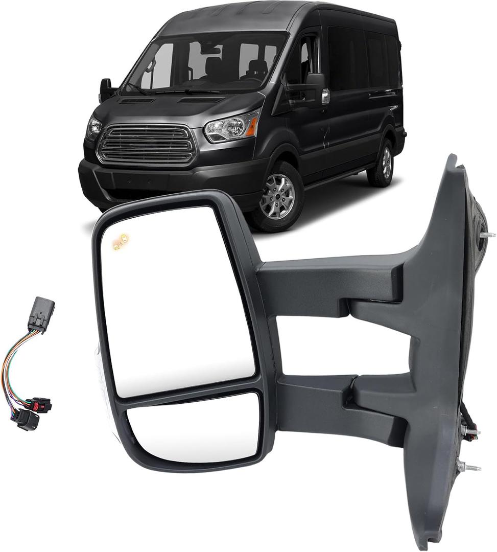 Left Driver Side Mirror Long Arm Compatible with 2015-2025 Ford Transit 150 250 350 350HD Left Side Rear Door Mirror with Signal Light and Blind Spot Sensor