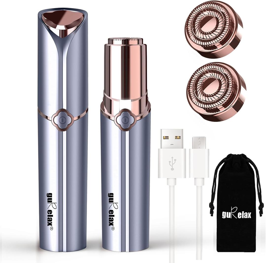 Facial Hair Remover for Women's Face Chin Lip Mustache Neck Armpit Peach Fuzz, Gurelax Electric Painless Hair Removal Device with 2 Replacement Heads
