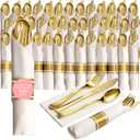 Prestee 200 Pieces Pre Rolled Gold Plastic Silverware Set for 50 Guests - Premium Disposable Silverware Set with Napkins - Wrapped Utensils with Forks, Knives, Spoons, Napkins for Weddings and Events