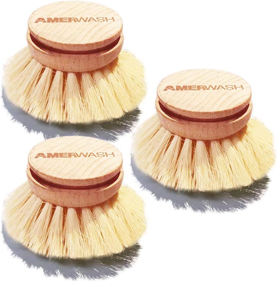 Classic Dish Brush Replacement Head 3 Packs, Natural Bristle Tampico Fiber for All Purpose Cleaning, Kitchen Scrubber