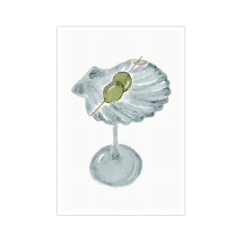 Pack of 2 Funky Green Seashell Martini Wall Art Cocktail Posters Trendy Bar Cart Canvas Print Room Decor Dorm Decor Aesthetic Living Room Dining Room Kitchen Decorations for Home8x12inch Unframed