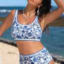 Herseas Women's Bikini Sets Floral Print Whip Stitch 2 Piece Swimsuits High Waisted Scoop Bathing Suits (M)