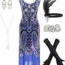 Women's 1920s Flapper Fringe Beaded Great Gatsby Party Dress with Costume Set, L