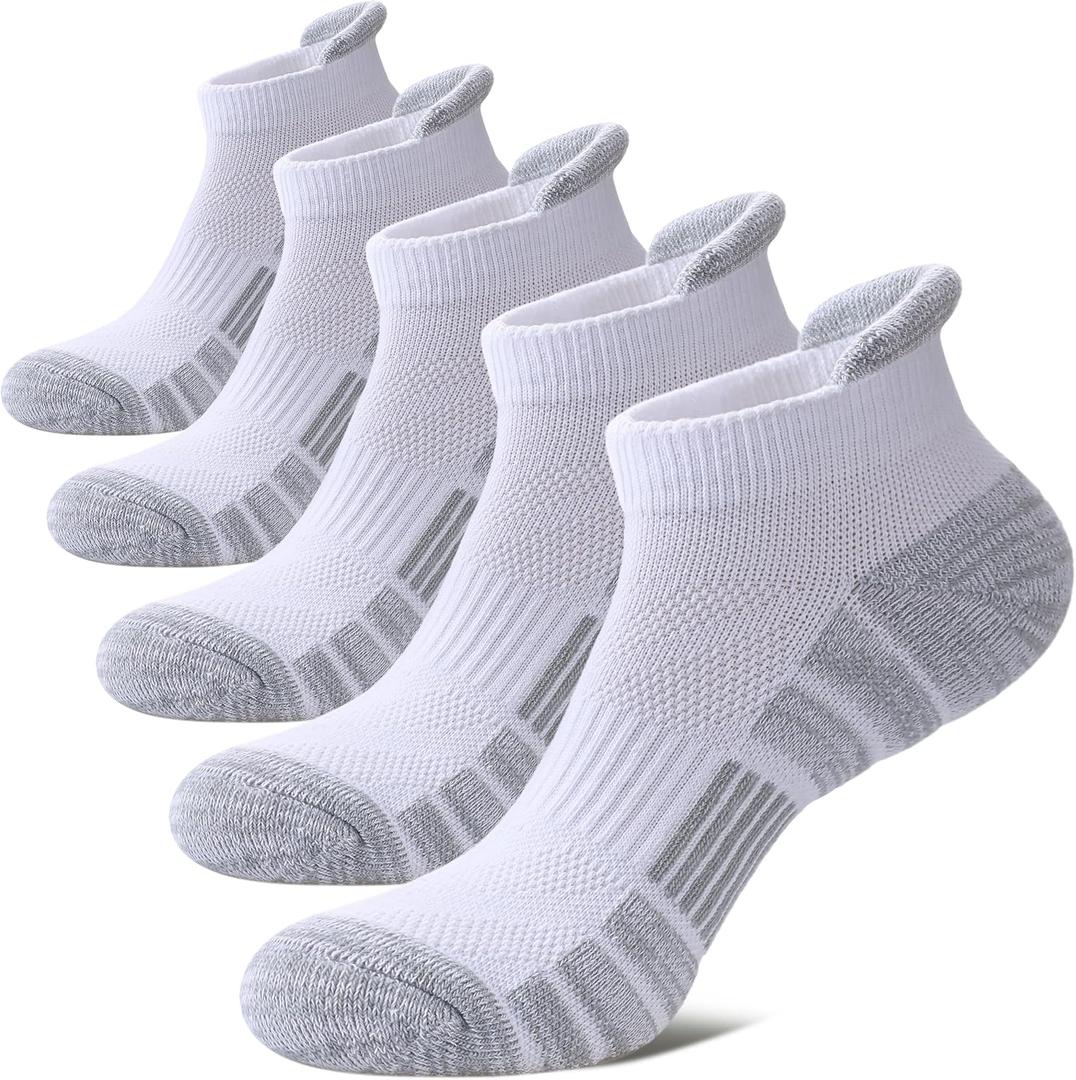 Ankle Socks for Women Running Athletic Thick Cushioned Wicking Low Cut Compression No Show Tab Socks 5 Pairs (White)