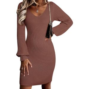 Sidefeel Womens 2025 Fall Winter Ribbed Knit Sweater Dress Casual Long Sleeve Sexy V Neck Bodycon Mini Dress (Medium, Brown)