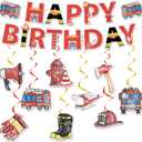 Firetruck Birthday Party Decorations - 11PCS Fire Truck Banners with Hanging Swirls Happy Bday Decoration Firefighter Decor Supplies for Fireman