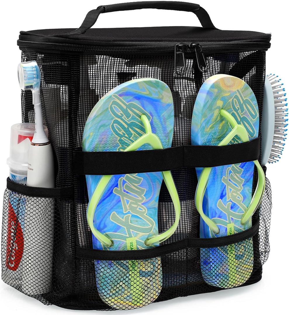 Christmas Birthday Gifts for Women Man, Dorm Room Essentials for Guys Girls Boys, Quick Dry Mesh Shower Caddy Portable, Large Capacity Shower Bag with Hanging Hook, Travel Beach Camping Essentials (Black)