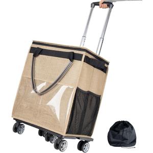 Reusable Grocery Bags on Wheels, Rolling Tote, Portable Shopping Cart for Groceries with Wheels and Drawstring Bag, Trolley, 54L, Foldable, Khaki