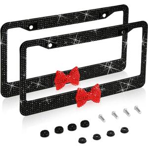 2 Pack Bling License Plate FrameHandcrafted Bling Rhinestone Premium Stainless Steel License Plate Frame14 Facets Clear Color Rhinestone Crystal (Black&Red-Bow)