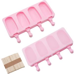 Pine & Linen 3 Set Durable Small Popsicle Molds, Silicone Molds with Lids and 150 Pieces Wooden Sticks, 4 Cavities Molds for Making Cakesicles/Cake Pops/Ice CreamPink)