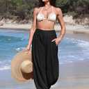 TARSE Womens Linen Harem Pants Loose Fit Boho Pants with Wide Waistband Casual Lounge Trousers for Summer Beach Vacation (Black, XL)