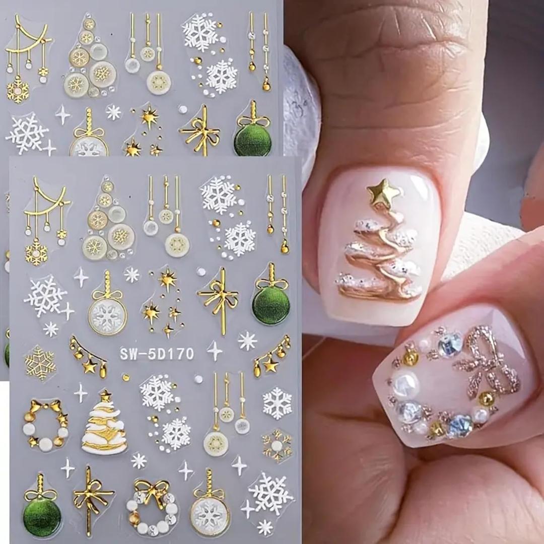 2 x 5D Embossed Christmas Nail Art Stickers 2 Sheets Self Adhesive Christmas Snowflake Nail Decals Gold Xmas Tree Lamp Ball Christmas Nail Art Supplies for Women Girls Christmas Nail Decorations