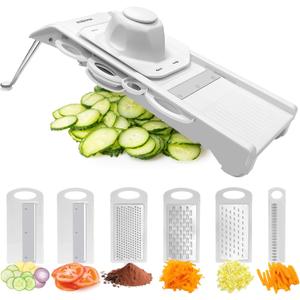 Mandoline Slicer Vegetable Chopper, Fruit Slicer, Cheese Grater & Potato Cutter with 6 Blades, Easy Kitchen Tool, White