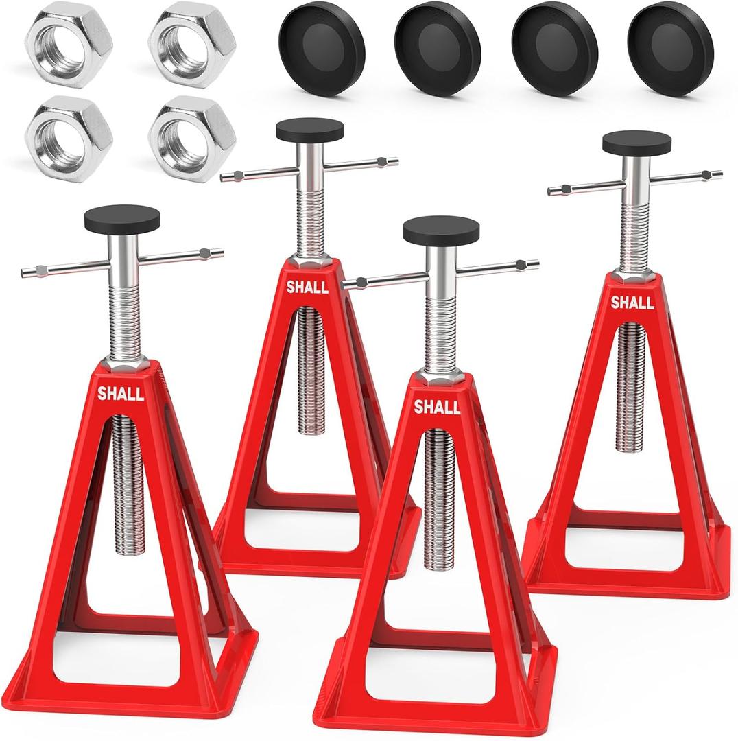 SHALL RV Stabilizer Jacks, 4-Pack Heavy Duty Aluminum Jack Stands for Travel Trailer Camper, Single Support up to 7500 Lbs, RV Leveling Screw Jack with Spare Nuts & Pads, Adjustable from 11" to 17"