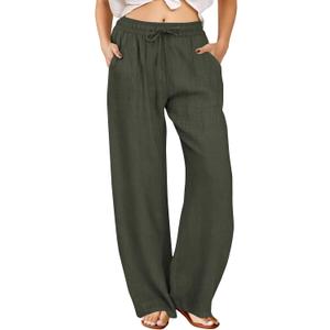 FireSwan Womens Palazzo Pants Casual Drawstring Flowy Pants Wide Leg Summer Beach Linen Trousers with Pockets, Medium 