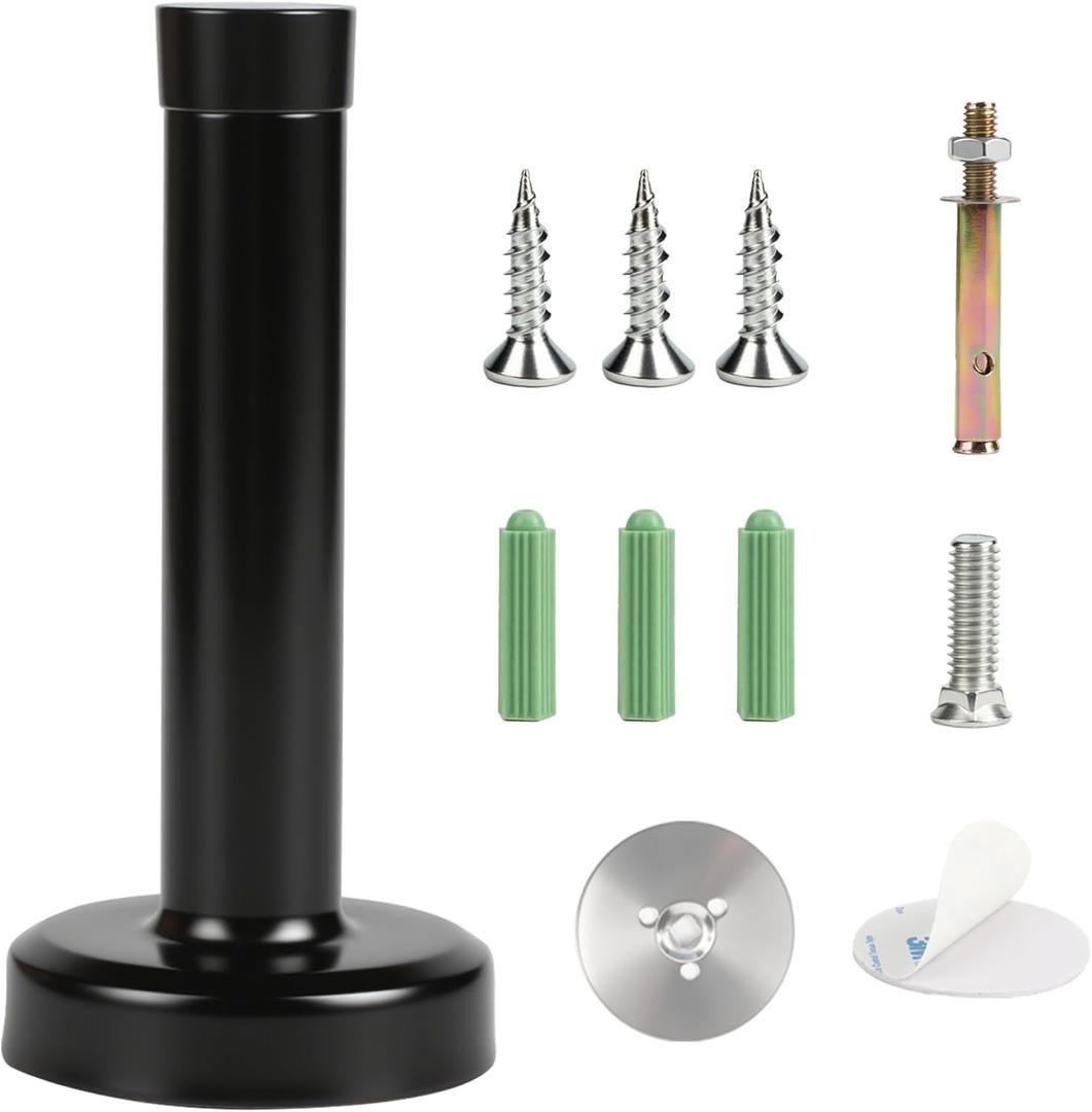 Wall Mounted Door stoppers, Heavy Duty Stainless Steel Door Stop with Rubber Buffer, Door Stopper for skirtings, Doorstop with Screws and Adhesive Tape, Protect Doors and Walls(Black 1 Pcs)