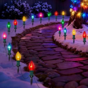 Pallerina 38FT C9 Christmas Stake Lights Outdoor,25 Pack Weatherproof Christmas Pathway Lights with C9 Multicolor Bulbs and Stakes for Garden Lawn Backyard Snowfield Xmas Decorations