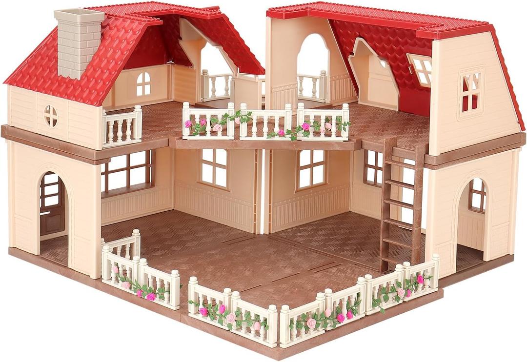 Family Cozy Cabin Doll House Playset, Dollhouse Furniture and Accessories,DIY Cottage Pretend Play Dollhouses, for Toddlers, Boys & Girls